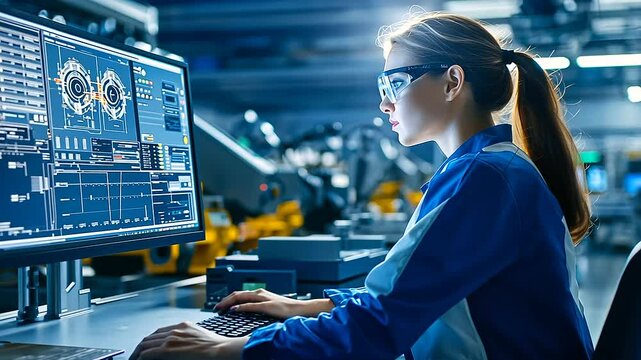A robotics expert configures vision systems in a high-tech electronics manufacturing facility.