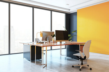 Modern executive office with wooden desk, stylish furniture, and city view through large glass...