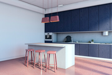 Modern kitchen interior with blue cabinets, white countertops, and pink stools. Elegant space with contemporary design and natural lighting. 3D Rendering