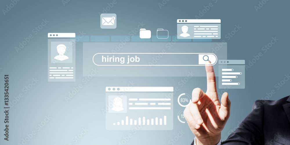Poster digital job search interface with a person selecting hiring options.