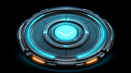 Futuristic circular interface with glowing blue and orange accents.