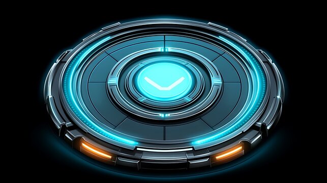Futuristic circular interface with glowing blue and orange accents.
