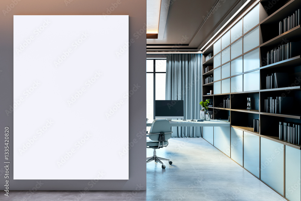 Poster Modern executive office with large blank vertical canvas on wall. 3D Rendering