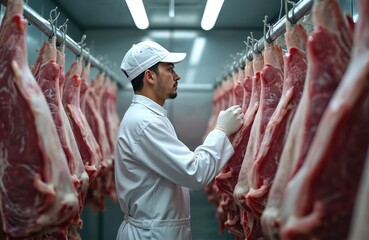 Pro butcher inspects fresh slaughtered cattle halves in cold store for processing. Man works in slaughterhouse refrigerator. Meat production business, industrial plant, cold storage warehouse.
