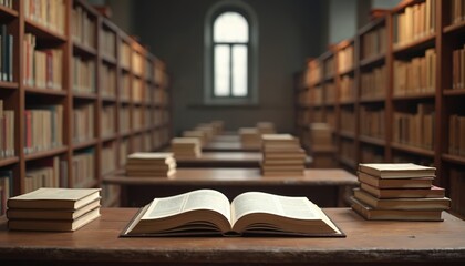 Opening book on desk in old library room with bookshelves background. Stack piles of literature, academic archive in school study classroom. Education learning concept, knowledge and erudition.