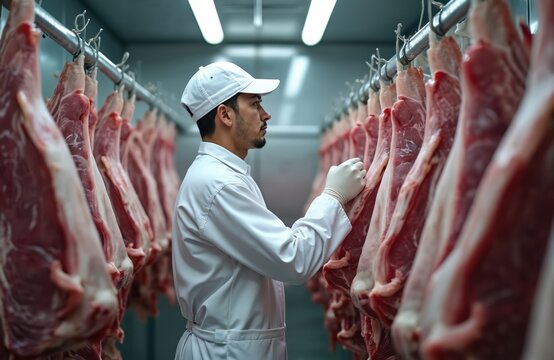 Pro butcher inspects fresh slaughtered cattle halves in cold store for processing. Man works in slaughterhouse refrigerator. Meat production business, industrial plant, cold storage warehouse.