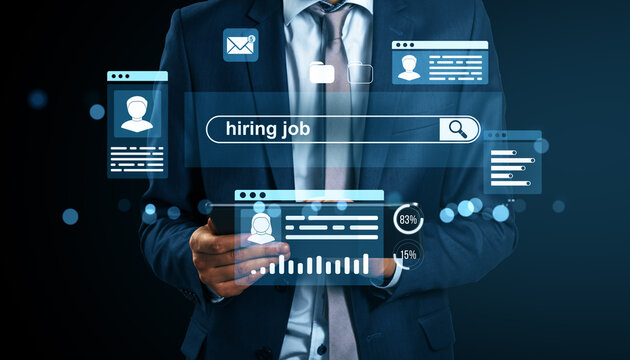Businessman using digital hiring platform for job recruitment online.