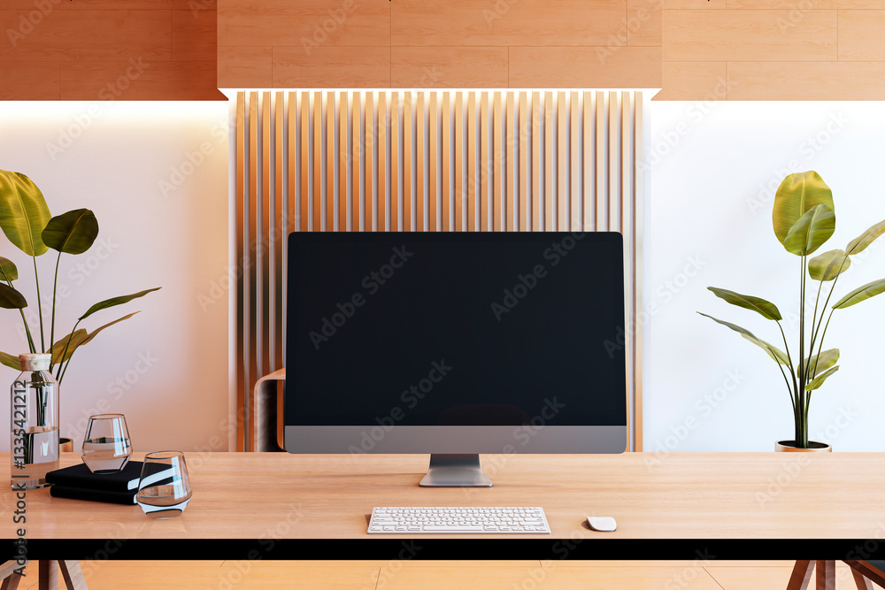 Poster Modern workspace with desktop computer on wooden desk. 3D Rendering