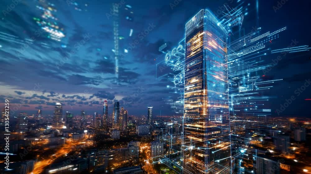 Poster technological transformation visualizes urban infrastructure. futuristic skyscraper merges digital n