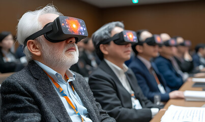 Diverse audience immersed in virtual reality experience using vr headsets