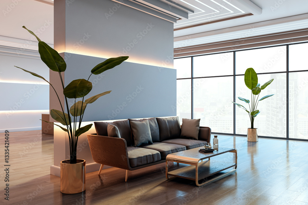 Aufkleber modern waiting area with stylish furniture and large windows in a business center. 3d rendering