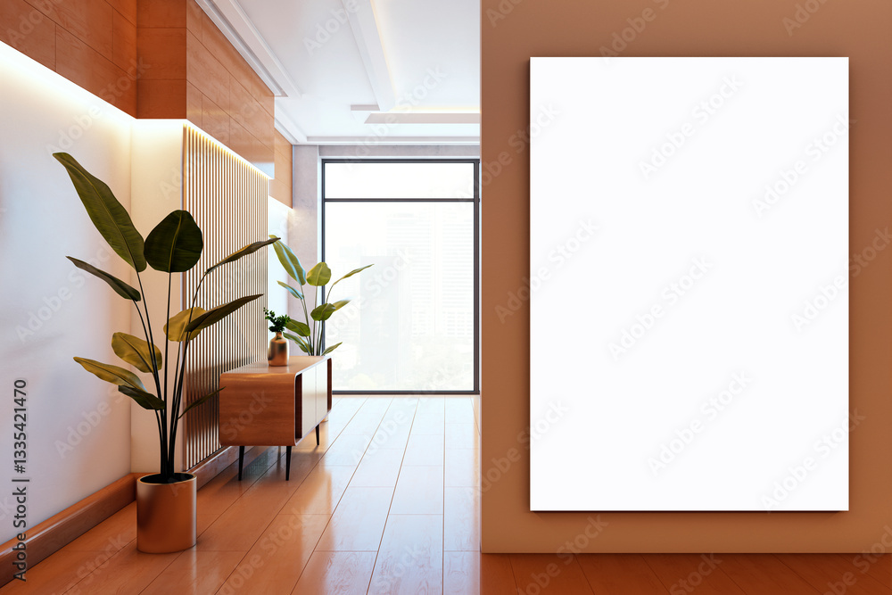 Poster modern office interior with vertical blank canvas on wall. 3d rendering