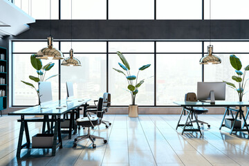 Modern office with large windows, wooden flooring, and stylish furniture. Bright workspace with greenery and city view, promoting productivity. 3D Rendering