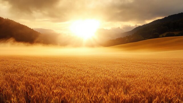 oxygen overcast billow. Golden Wheat Field Sunrise with Misty Mountains