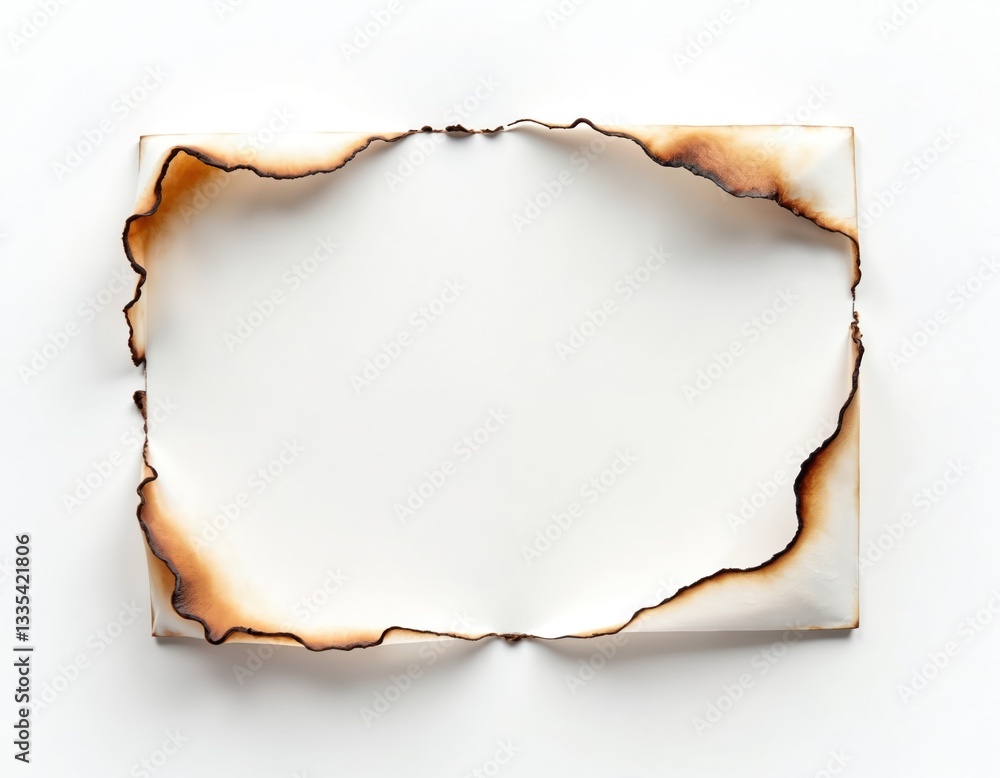 Poster Burnt paper edge with fire marks isolated on white background. Burned half parchment frame texture with dark pattern, hole, stain, blank space for text message.