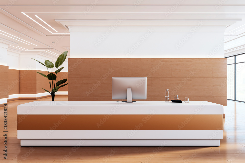 Poster Modern reception desk in office lobby with wooden accents and computer. 3D Rendering