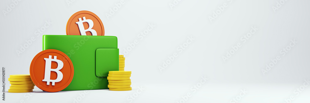 Poster green digital wallet with bitcoin coins on a light background. 3d rendering