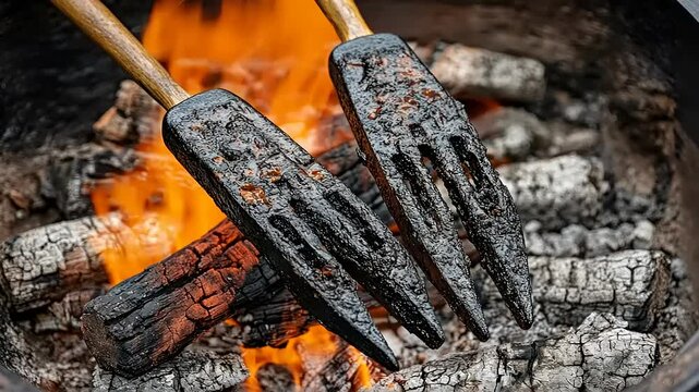 Ancient Fire Forks, a culinary trip to the past, black metal barbecue tools heated on an open fire, rustic feel