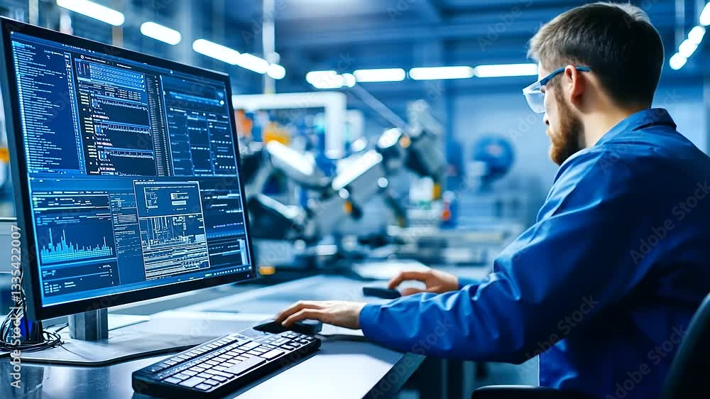 Poster engineer fine-tuning robotic systems for enhanced efficiency in a cutting-edge manufacturing facilit