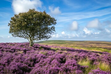 breathtaking sight of north yorkshire moors enriched with a ghostly pattern of growing heather where a proud violet veil of blossoms wraps harsh land awakening a potent awe of  

