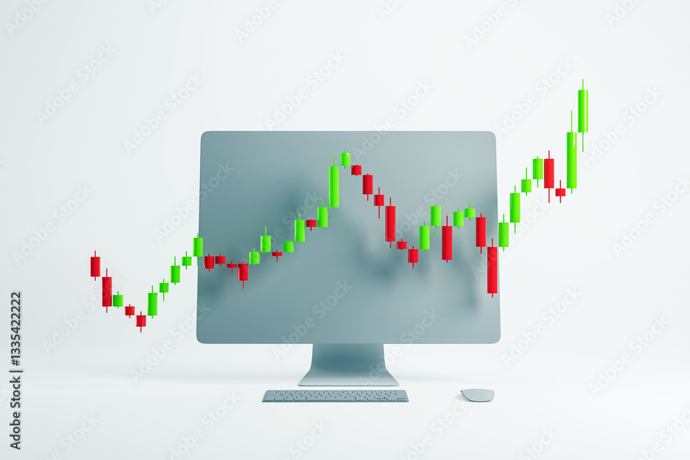 Aufkleber 3D render of a financial candlestick chart emerging from a computer screen. 3D Rendering