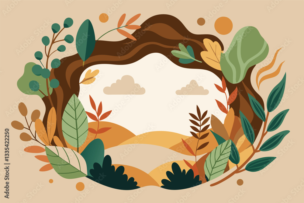 Poster nature-inspired vector illustration featuring foliage and clouds in a warm color palette