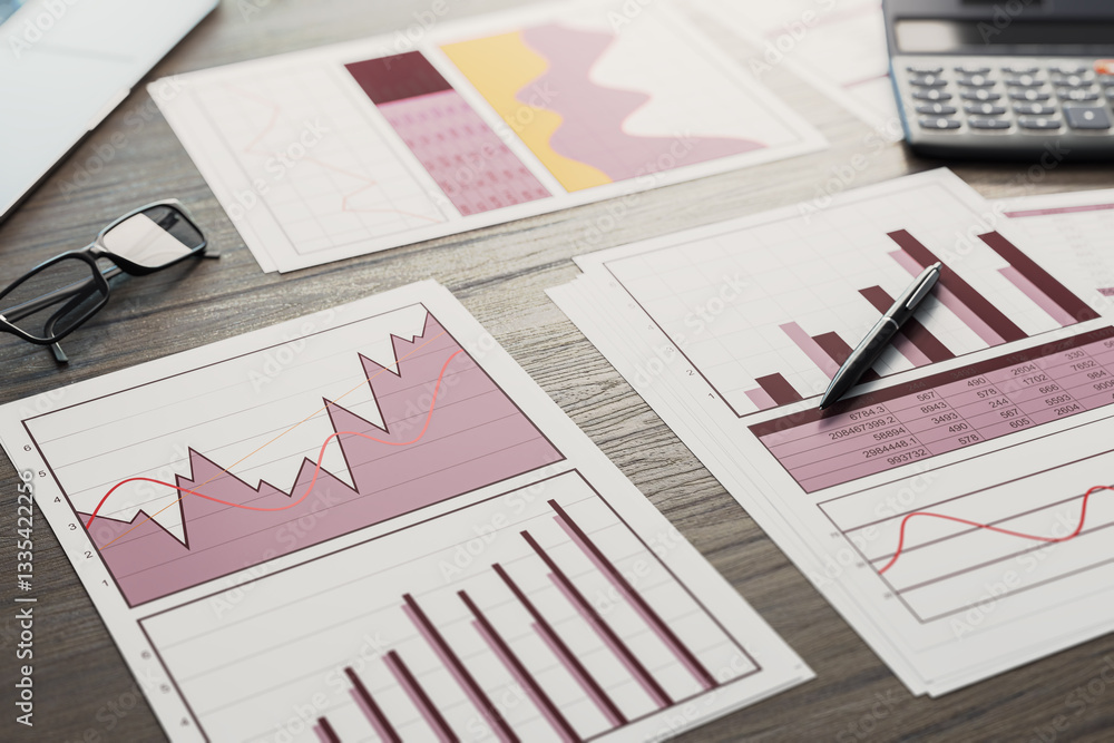 Poster financial charts and graphs on a wooden desk. 3d rendering