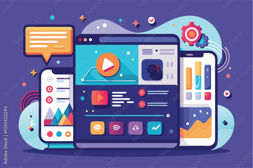 Poster vector illustration showcasing a smartphone surrounded by various application icons and design eleme