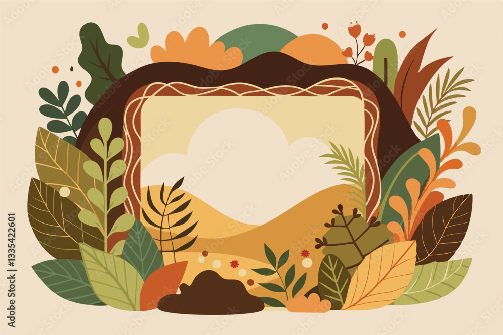 Poster nature-inspired vector illustration featuring foliage and clouds in a warm color palette