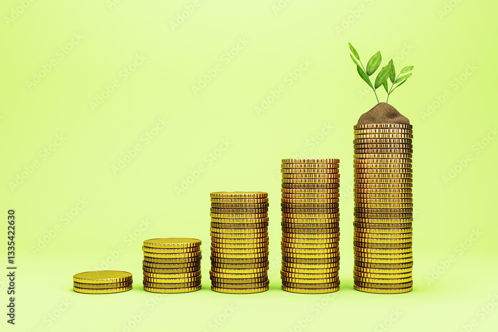 Poster stacks of gold coins growing in height with the tallest supporting soil and green plants. symbolizin