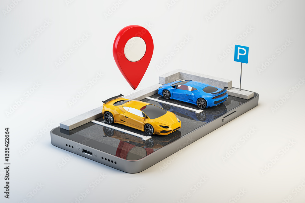 Aufkleber Car-sharing application concept with smartphone displaying parking solution. 3D Rendering