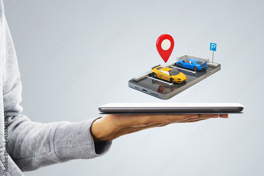Poster carsharing service concept with smartphone and tablet on light background.