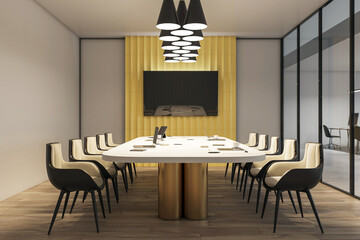 Modern conference room with sleek furniture and elegant lighting. 3D Rendering