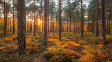 Obraz premium Autumn Sunset in a Pine Forest