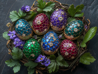 Elegant  Easter Nest with Decorated Eggs