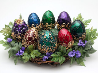 Elegant  Easter Nest with Decorated Eggs