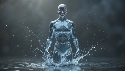 Fototapeta premium On a blue gradient background, a silhouette of a running man filled with blue water represents concepts of sport, fitness hydration, healthy living, or wellness.