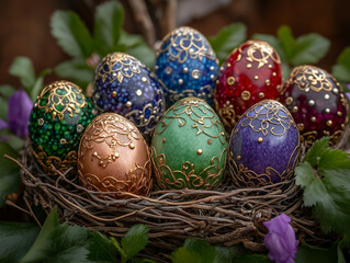 Elegant  Easter Nest with Decorated Eggs