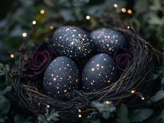 Elegant  Easter Nest with Decorated Eggs