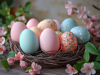 Elegant  Easter Nest with Decorated Eggs