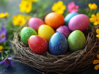 Elegant  Easter Nest with Decorated Eggs