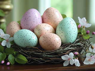 Elegant  Easter Nest with Decorated Eggs
