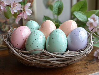 Elegant  Easter Nest with Decorated Eggs