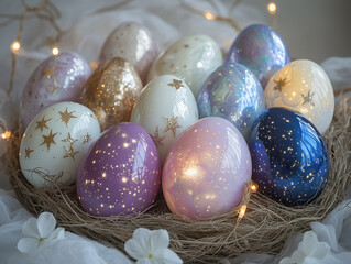 Elegant  Easter Nest with Decorated Eggs