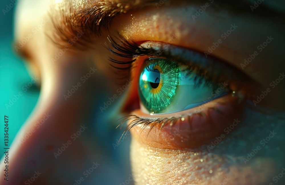 Poster macro of eye with digital data reflection. green iris with yellow center. tech, future technologies,