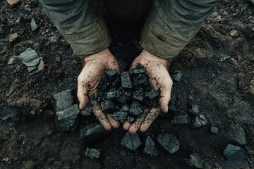 Top view of a man grasping coal above a heap
