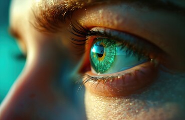 Macro of eye with digital data reflection. Green iris with yellow center. Tech, future technologies, innovation, analytics, biometrics concepts. Digital eye displays information, charts, graphs,