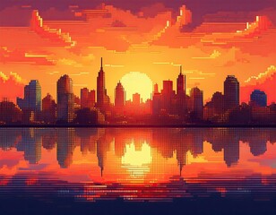 A pixelated cityscape reflects in the calm water during a vibrant sunset