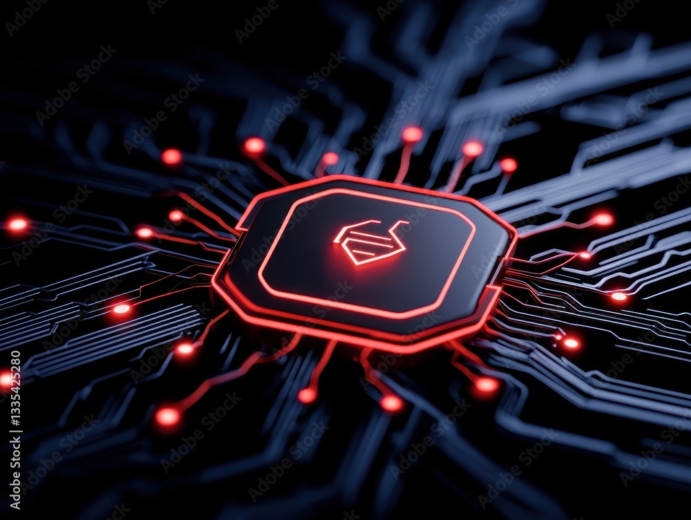 Poster high-tech circuit board with glowing red microchip at the center, showcasing technology