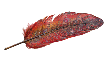 Red feather with intricate details isolated on a white background